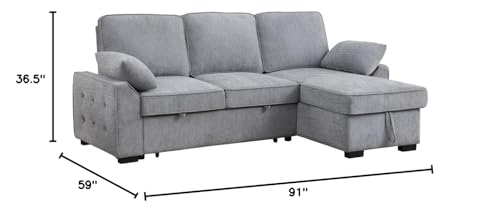 Lilola Home Mackenzie Light Gray Chenille Fabric Sleeper Sectional with Right-Facing Storage Chaise, Drop-Down Table, Cup Holders and Charging Ports