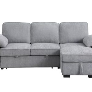 Lilola Home Mackenzie Light Gray Chenille Fabric Sleeper Sectional with Right-Facing Storage Chaise, Drop-Down Table, Cup Holders and Charging Ports