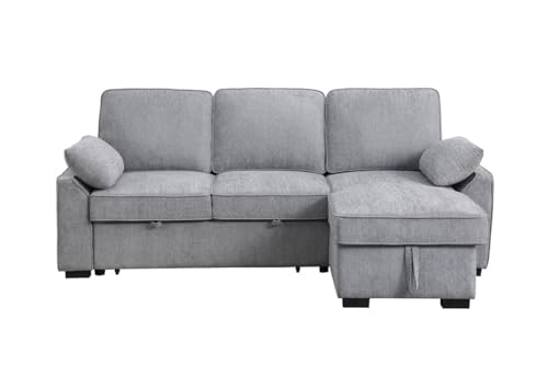 Lilola Home Mackenzie Light Gray Chenille Fabric Sleeper Sectional with Right-Facing Storage Chaise, Drop-Down Table, Cup Holders and Charging Ports