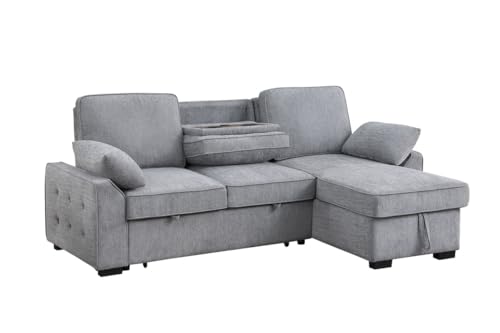 Lilola Home Mackenzie Light Gray Chenille Fabric Sleeper Sectional with Right-Facing Storage Chaise, Drop-Down Table, Cup Holders and Charging Ports