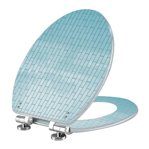 Resin Elongated Toilet Seat with Cover Quiet Close Quick Release Hinges Pale blue shiny ceramic tiles surface kitchen wall Decorative Toilet Seat Easy to Clean Install Home Decor