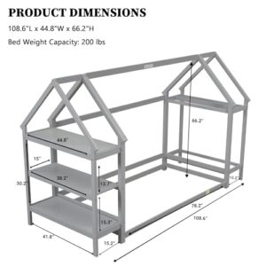 LostCat Twin House Shaped Floor Bed with 2 Detachable Storage Shelves, House Shaped Twin Bed Frame with Roof, Wood Montessori Floor Bed with Clothes Drying Rack, Floor Bed Frame for Kids, Grey