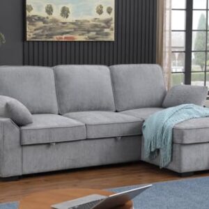 Lilola Home Mackenzie Light Gray Chenille Fabric Sleeper Sectional with Right-Facing Storage Chaise, Drop-Down Table, Cup Holders and Charging Ports