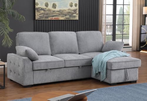 Lilola Home Mackenzie Light Gray Chenille Fabric Sleeper Sectional with Right-Facing Storage Chaise, Drop-Down Table, Cup Holders and Charging Ports