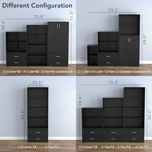 HOMES: Inside + Out Apexa Stackable Wood Bookcase with Doors, Cube Storage Organizer Shelves, Small Food Pantry, Dorm Teen Room Decor & Bedroom, Home Office, Kitchen, 3-Tier Cabinet, Black