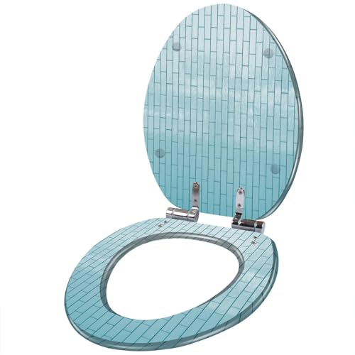 Resin Elongated Toilet Seat with Cover Quiet Close Quick Release Hinges Pale blue shiny ceramic tiles surface kitchen wall Decorative Toilet Seat Easy to Clean Install Home Decor