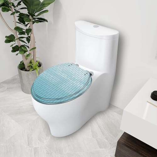 Resin Elongated Toilet Seat with Cover Quiet Close Quick Release Hinges Pale blue shiny ceramic tiles surface kitchen wall Decorative Toilet Seat Easy to Clean Install Home Decor