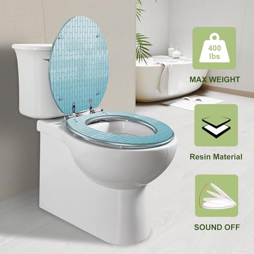 Resin Elongated Toilet Seat with Cover Quiet Close Quick Release Hinges Pale blue shiny ceramic tiles surface kitchen wall Decorative Toilet Seat Easy to Clean Install Home Decor