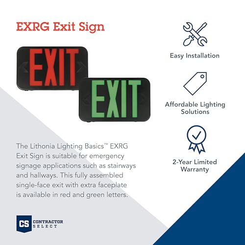 Lithonia Lighting EXRG B EL M6 LED Exit Sign with Switchable Red and Green Letters, California Certified, Nickel Metal Hydride Battery, Black