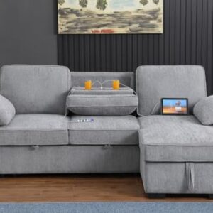 Lilola Home Mackenzie Light Gray Chenille Fabric Sleeper Sectional with Right-Facing Storage Chaise, Drop-Down Table, Cup Holders and Charging Ports