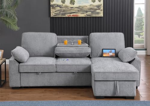 Lilola Home Mackenzie Light Gray Chenille Fabric Sleeper Sectional with Right-Facing Storage Chaise, Drop-Down Table, Cup Holders and Charging Ports