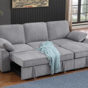 Lilola Home Mackenzie Light Gray Chenille Fabric Sleeper Sectional with Right-Facing Storage Chaise, Drop-Down Table, Cup Holders and Charging Ports