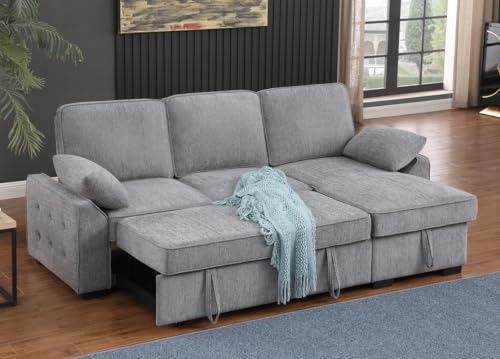 Lilola Home Mackenzie Light Gray Chenille Fabric Sleeper Sectional with Right-Facing Storage Chaise, Drop-Down Table, Cup Holders and Charging Ports