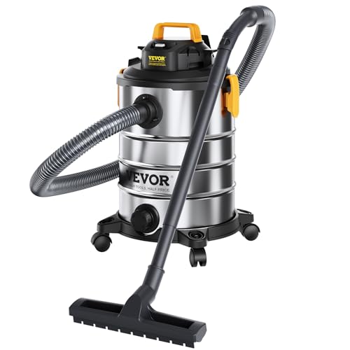 VEVOR Stainless Steel Wet Dry Shop Vacuum, 8 Gallon 6 Peak HP Wet/Dry Vac, Powerful Suction with Blower Function w/Attachment 2-in-1 Crevice Nozzle, Small Shop Vac Perfect for Carpet Debris, Pet Hair