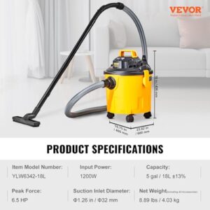 VEVOR Shop Vacuum Wet and Dry, 5 Gallon 6 Peak HP Wet/Dry Vac, Powerful Suction with Blower Function with Attachments 2-in-1 Crevice Nozzle, Small Shop Vac Perfect for Carpet Debris, Pet Hair, Car