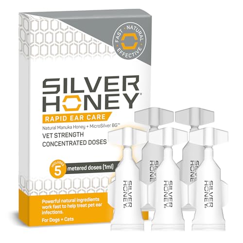 Absorbine Silver Honey Rapid Ear Care Vet Strength Concentrated Doses, 5 Ear Drops for 10 Days on 1 Ear for Dogs & Cats, Medical Grade Manuka Honey & MicroSilver BG