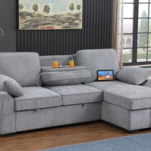 Lilola Home Mackenzie Light Gray Chenille Fabric Sleeper Sectional with Right-Facing Storage Chaise, Drop-Down Table, Cup Holders and Charging Ports