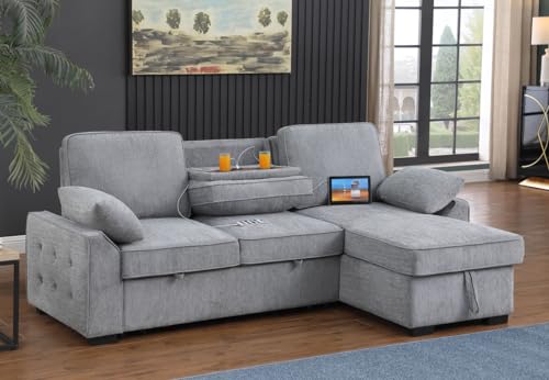 Lilola Home Mackenzie Light Gray Chenille Fabric Sleeper Sectional with Right-Facing Storage Chaise, Drop-Down Table, Cup Holders and Charging Ports