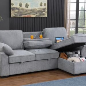 Lilola Home Mackenzie Light Gray Chenille Fabric Sleeper Sectional with Right-Facing Storage Chaise, Drop-Down Table, Cup Holders and Charging Ports