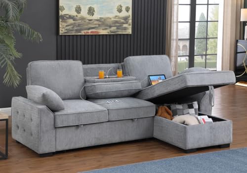 Lilola Home Mackenzie Light Gray Chenille Fabric Sleeper Sectional with Right-Facing Storage Chaise, Drop-Down Table, Cup Holders and Charging Ports