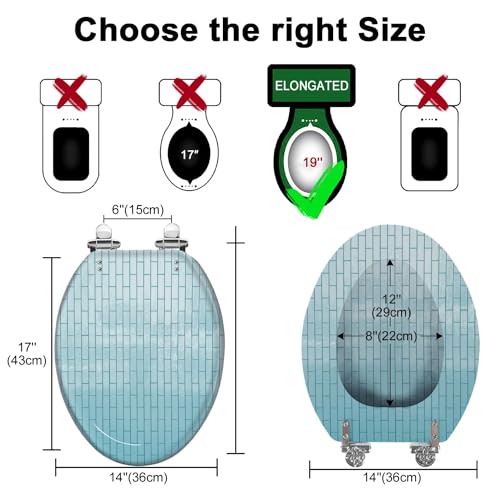 Resin Elongated Toilet Seat with Cover Quiet Close Quick Release Hinges Pale blue shiny ceramic tiles surface kitchen wall Decorative Toilet Seat Easy to Clean Install Home Decor