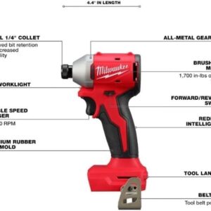 Milwaukee 3650-20 M18 18V Lithium-Ion Brushless Cordless 1/4 in. Compact Impact Driver (Tool Only), Red