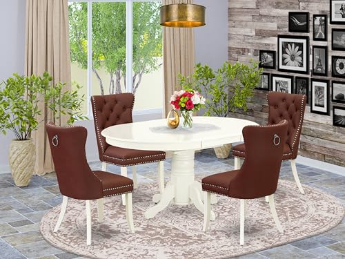 East West Furniture AVDA5-LWH-26 5 Piece Dining Room Furniture Set Consists of an Oval Dining Table with Butterfly Leaf and 4 Upholstered Chairs, 42x60 Inch, linen white