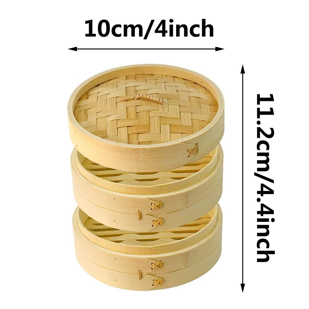 DEAUVIOR Bamboo Steamer Basket Traditional Dumpling Steamer Basket with Lid Durable Dim Sum Steamer for Cooking Vegetables Bao Buns Fish Meat (4"(Two Tier))