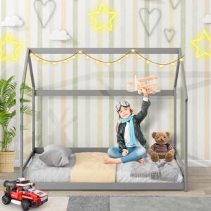 LostCat Twin House Shaped Floor Bed with 2 Detachable Storage Shelves, House Shaped Twin Bed Frame with Roof, Wood Montessori Floor Bed with Clothes Drying Rack, Floor Bed Frame for Kids, Grey