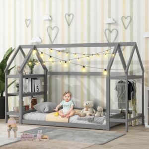 lostcat twin house shaped floor bed with 2 detachable storage shelves, house shaped twin bed frame with roof, wood montessori floor bed with clothes drying rack, floor bed frame for kids, grey