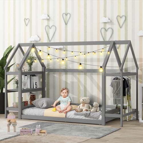 LostCat Twin House Shaped Floor Bed with 2 Detachable Storage Shelves, House Shaped Twin Bed Frame with Roof, Wood Montessori Floor Bed with Clothes Drying Rack, Floor Bed Frame for Kids, Grey