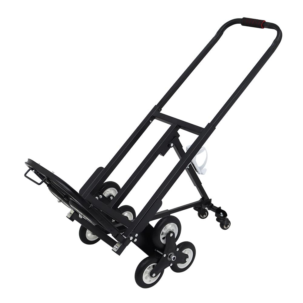 PreAsion Heavy Duty Stair Climber Hand Trucks Portable Folding Stair Climbing Dolly, 420 LBS Capacity Handcart Luggage Cart with 6 Wheels and 2 Backup Wheels Black-with 2 Casters