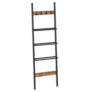 YATINEY Blanket Ladder, 5-Tier Towel Rack with 4 Removable Hooks, Wall-Leaning Blanket Holder, Decorative Display Ladder Shelf, Industrial, for Living Room, Rustic Brown and Black CJ01BR