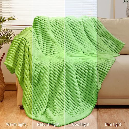 Bnuitland Light Green Flannel Throw with Storage Pouch,300GSM Super Soft Fleece Stripe Pattern Sofa Blanket for Babys and Kids, Lightweight Cozy Bed Throw for Home Decor All Season