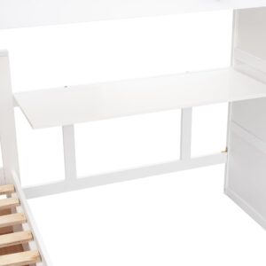 Merax L-Shaped Triple Bunk Bed with Desk & Stairs, Twin & Twin Over Full Bunk Bed for 3, Storage Drawers and Wardrobe Included, for Adults, Boys & Girls, White