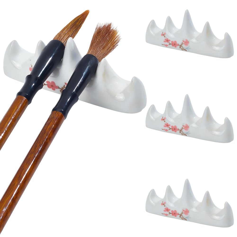 WEBEEDY 4pcs Paint Brush Holder Calligraphy Brush Rest Stand Plum Blossom Ceramic Brushes Pen Rack Holder for Home Office Desktop Decoration Chinese Japanese Calligraphy Painting Writing Practice