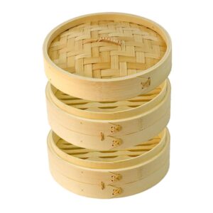 deauvior bamboo steamer basket traditional dumpling steamer basket with lid durable dim sum steamer for cooking vegetables bao buns fish meat (4"(two tier))