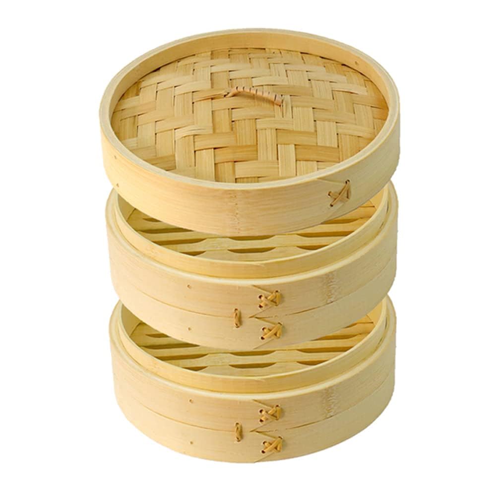 DEAUVIOR Bamboo Steamer Basket Traditional Dumpling Steamer Basket with Lid Durable Dim Sum Steamer for Cooking Vegetables Bao Buns Fish Meat (4"(Two Tier))