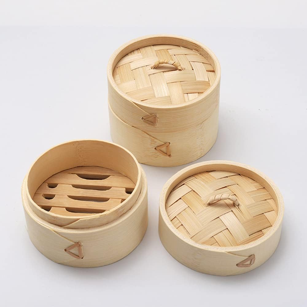 DEAUVIOR Bamboo Steamer Basket Traditional Dumpling Steamer Basket with Lid Durable Dim Sum Steamer for Cooking Vegetables Bao Buns Fish Meat (4"(Two Tier))