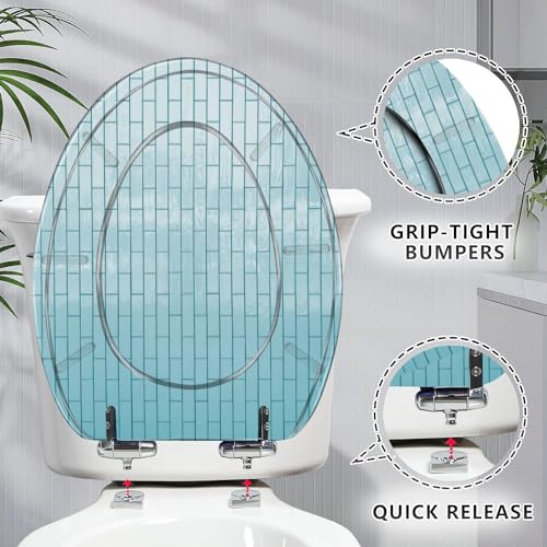 Resin Elongated Toilet Seat with Cover Quiet Close Quick Release Hinges Pale blue shiny ceramic tiles surface kitchen wall Decorative Toilet Seat Easy to Clean Install Home Decor