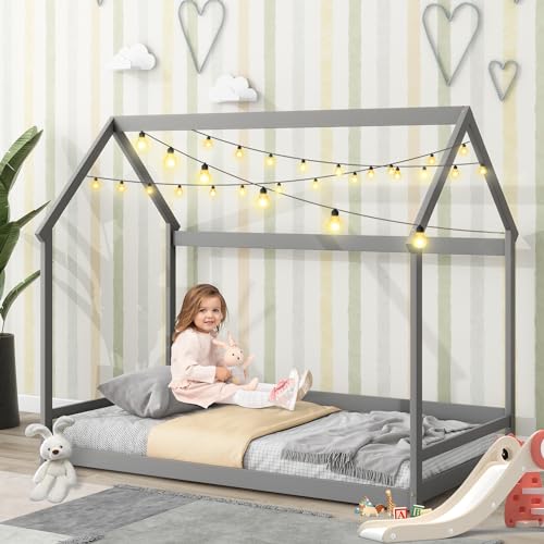 LostCat Twin House Shaped Floor Bed with 2 Detachable Storage Shelves, House Shaped Twin Bed Frame with Roof, Wood Montessori Floor Bed with Clothes Drying Rack, Floor Bed Frame for Kids, Grey