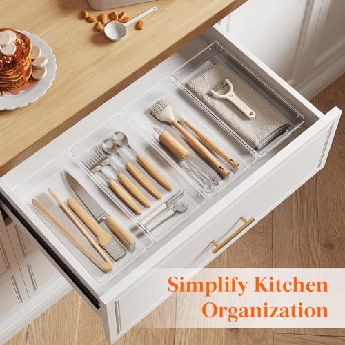 Lifewit Silverware Drawer Organizer, 5.75" x 11.65" Clear Utensil Tray for Kitchen Drawer, Stackable Plastic Flatware and Cutlery Storage Box Divider for Spoons Forks Knives Tools, 3 Pack