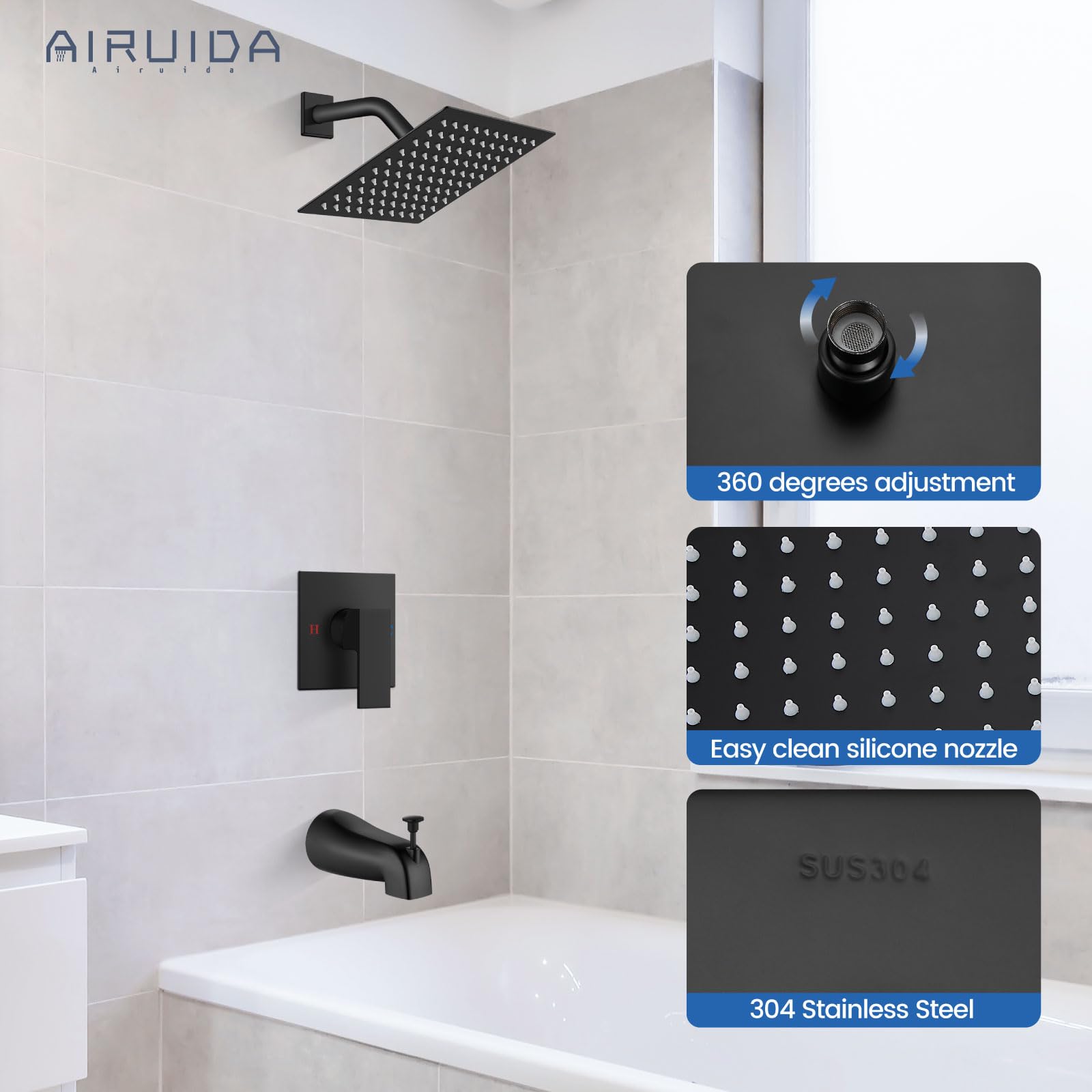 Airuida Shower Faucet Set with Tub Spout Bathtub Faucet Kit Complete Tub Shower Trim Kit with Solid Brass Rough-in Valve and 8 Inch Square Rainfall Showerhead Bent Shower Arm Matte Black