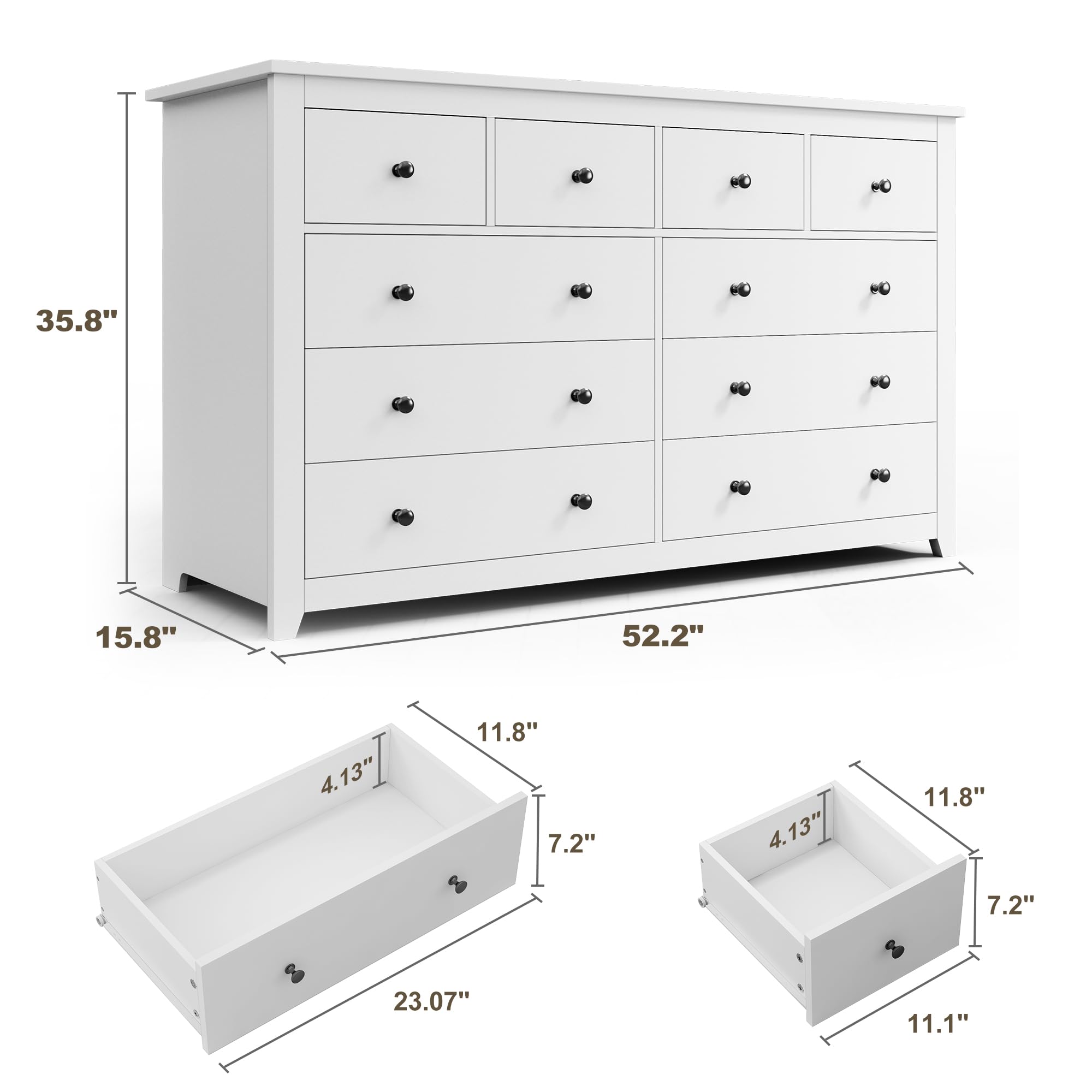 EnHomee White Dresser, Dresser for Bedroom with 10 Wood Drawers Dressers & Chests of Drawers with Smooth Metal Rail, Wide Storage Dressers Organizer for Hallway, Bedroom, 52.2W*15.8" D*35.8" H