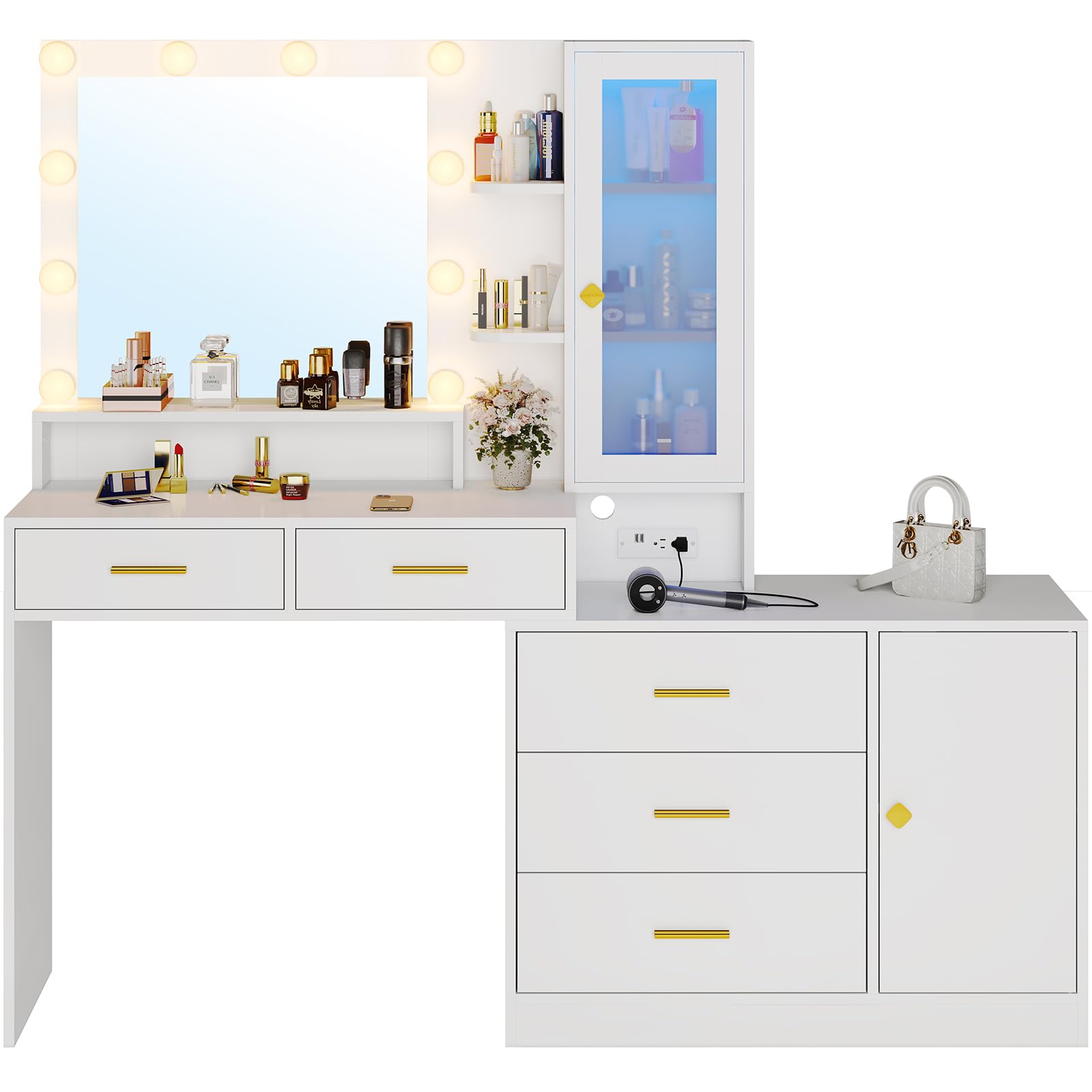 HAUOMS White Makeup Vanity with Lights Vanity Desk with Mirror, Large Vanity Table Set with Drawer Dresser, Charging Station & RGB Cabinets, Makeup Table with 5 Drawers and Storage Shelves, White