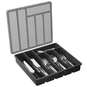 lifewit silverware organizer with lid, covered utensil tray for kitchen drawer and countertop, plastic cutlery and flatware storage box for spoons forks knives holder case, 6 compartments, black