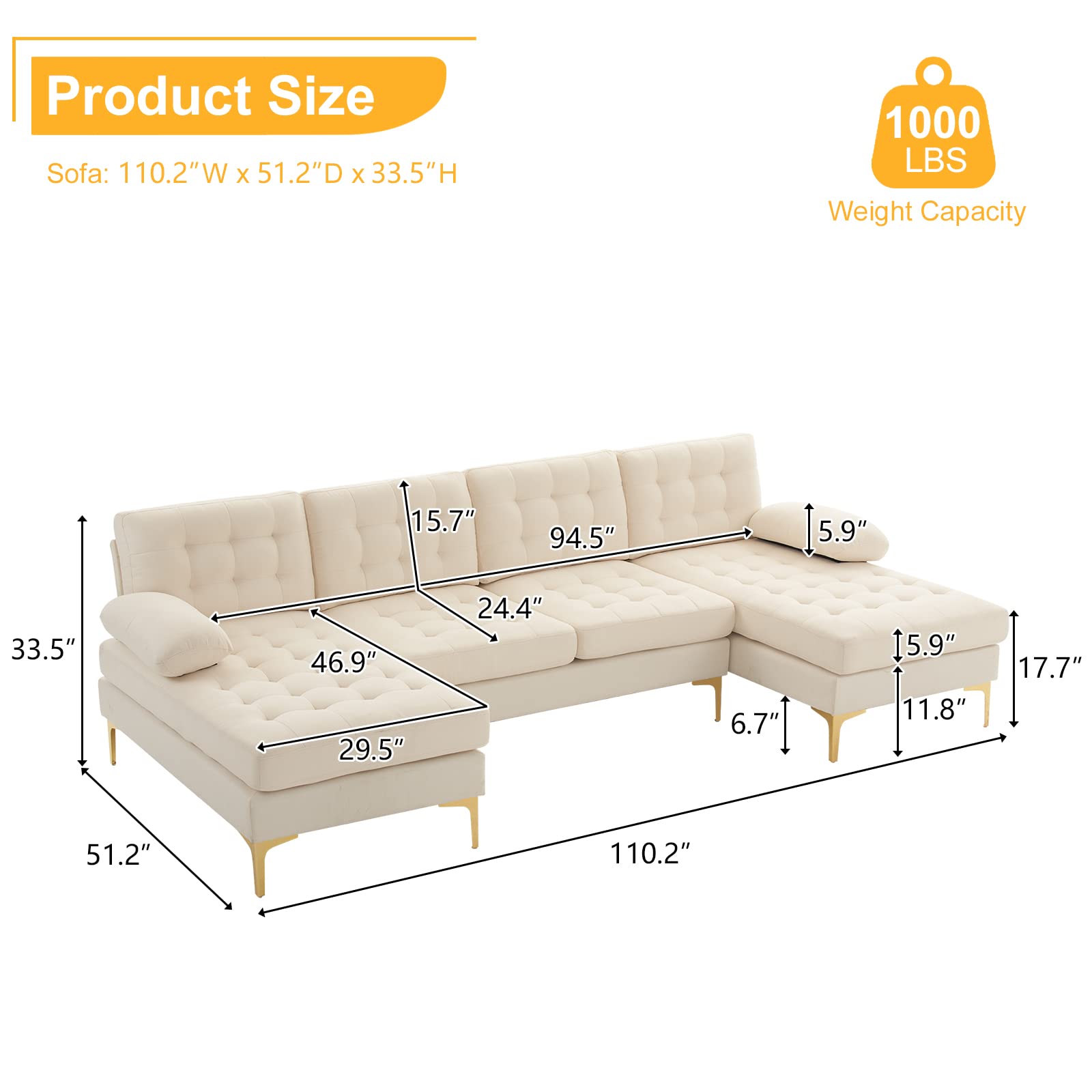 Imseigo 110" Modern Large Reversible Sectional Sofa,Modular Living Room U-Shape 4-Seater Couch with Linen Fabric for Small Space,with Extra Wide Chaise Lounge (U Lattice-Beige)