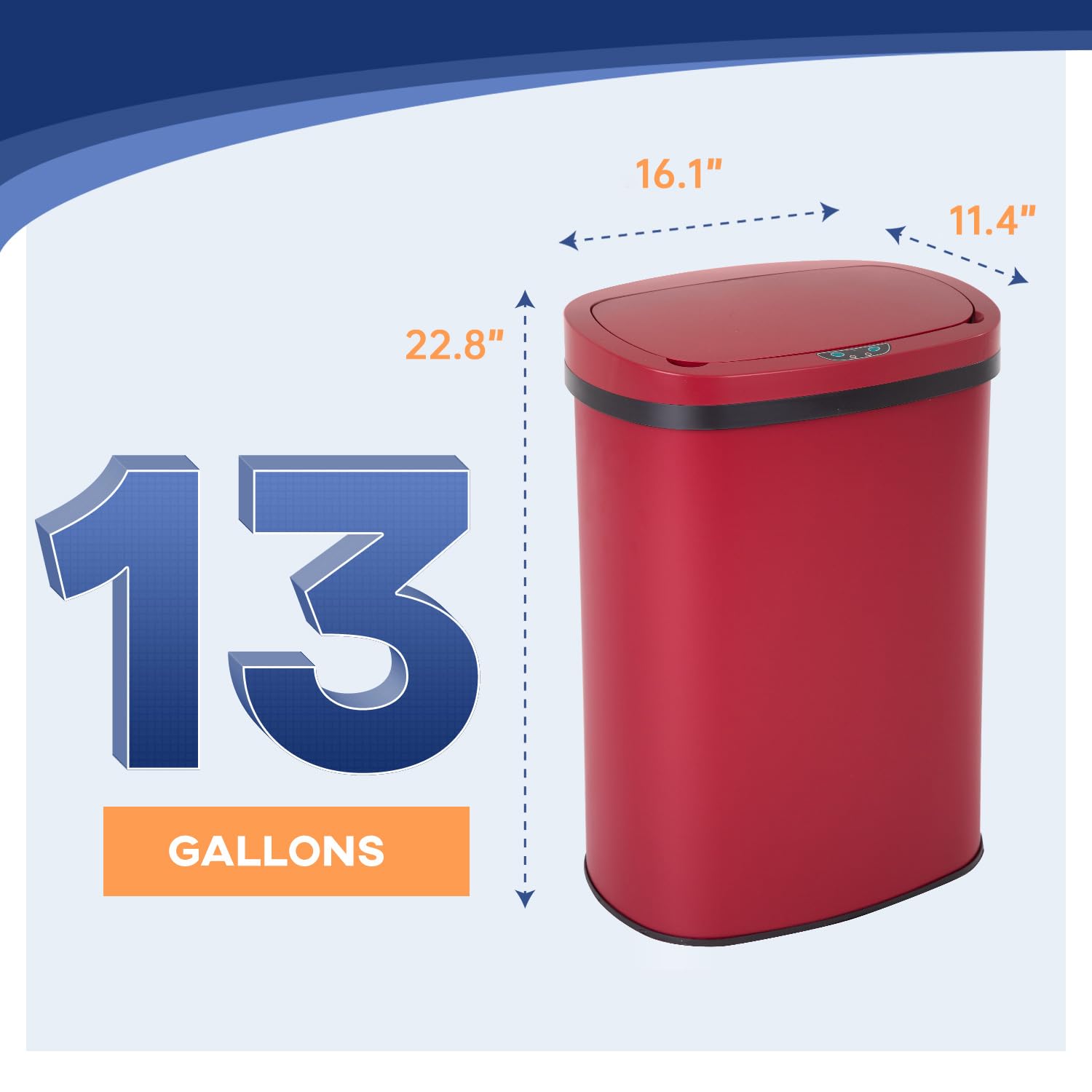 Furniture of America Verbena 13 Gallon Metal Household Trash Can with Motion Sensor Lid for Kitchen, Red