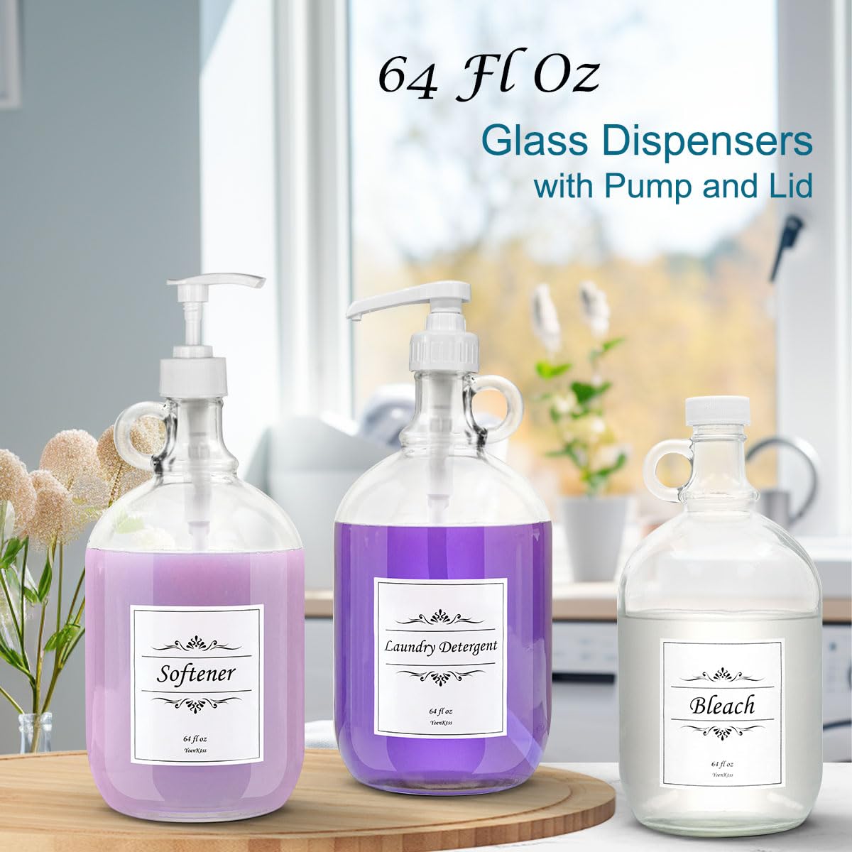 2 Pack Laundry Detergent Dispenser with Pump and Lid, 64 Oz Glass Bottles for Laundry Room Organization and Storage, Fabric Softener Dispenser for Washer