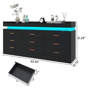 Hlivelood 9 Drawer Dresser with LED Light and Charging Station, Modern Chest of Drawers for Closet, Wide Drawer Organizer Cabinet for Bedroom, Living Room, Entryway, Hallway(9 Drawer Black)